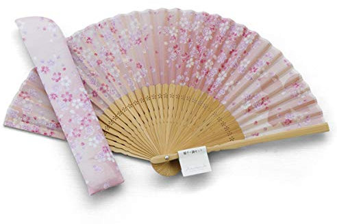 Maisendo Handfächer Sakura Fubuki Kirschblüte rosé, Bambus Holz und Stoff, Premium-Qualität Baumwoll Etui und Geschenkbox