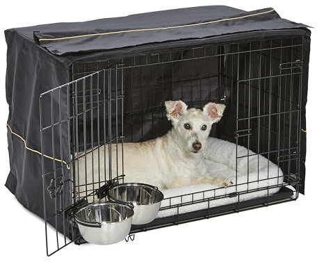 MidWest Homes for Pets iCrate 1530DD-KIT Hundebox-Set, mit ca. 76 cm langer Hundebox mit Doppeltür, Haustierbett, 2 Schüsseln und Box-Abdeckung, Trenneinsatz und patentierten Funktionen, schwarz