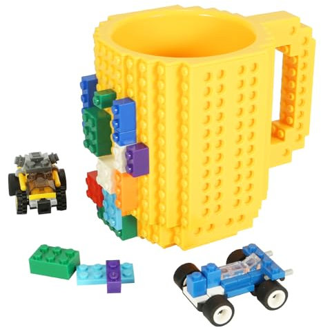 Lumsburry Build-on Brick Coffee Mug, Funny DIY Novelty Cup with Building Blocks Creative Gift for Kids Men Women Xmas Birthday (Yellow)