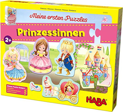 HABA 304478 - Meine ersten Puzzles – Prinzessinnen, Kinderpuzzle mit 5 Motiven ab 2 Jahren, mit beidseitig bedruckter Prinzessinnen-Holzfigur zum freien Spielen