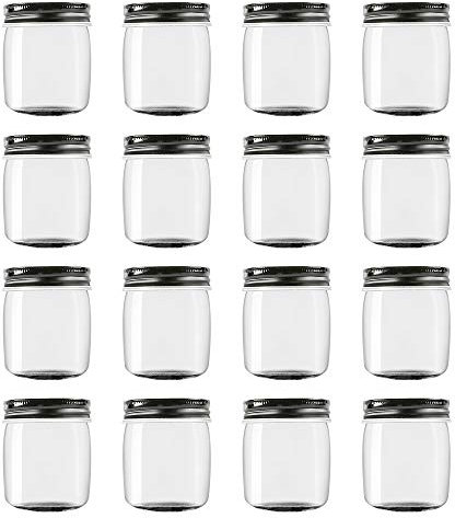 Novelinks 8 Ounce Clear Plastic Jars With Black Lids - Refillable Round Containers for Kitchen & Household Storage - BPA Free (16 Pack)