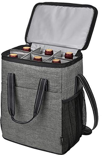 Kato Tirrinia 6 Bottle Wine Cooler Bag, Insulated Leakproof Padded Wine Carrier, Portable Bottle Cool Bag for Picnic, Camping and Beach, Wine Gifts, Grey