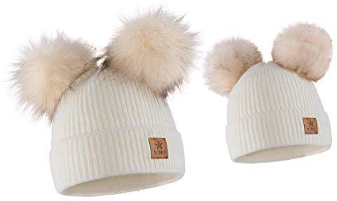 ELIMELI Eltern-Kind Mütze Mädchen Warme Wintermütze für Mutter und Tochter Mütze Damen Winter mit Zwei Bommeln Slouch Strick Beanie Damen Bommelmütze Kinder Mama und Baby Cap Set 3 (Weiß)