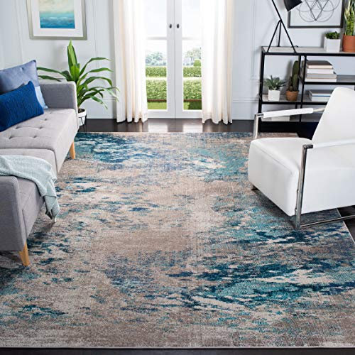 SAFAVIEH Boho Teppich für Wohnzimmer, Esszimmer, Schlafzimmer - Madison Collection, Kurzer Flor, Blau und Grau, 91 X 152 cm