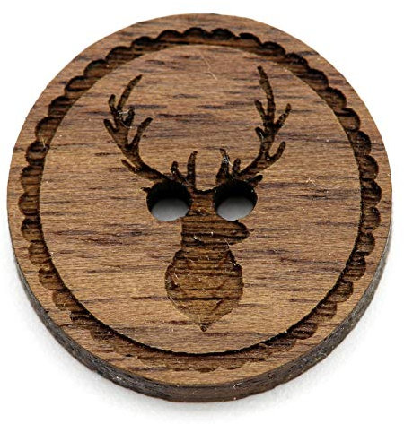 NaturSchatulle Holzknöpfe Gravur Motiv Hirsch 12-30mm I 25 Stück Nussbaum 2 Loch Knöpfe Holz DIY Basteln Nähen Schmuckherstellung Annähen Rund 15mm