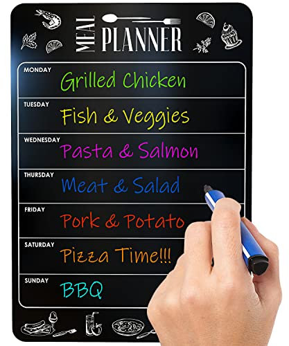 A4 Weekly Meal Planner Dry Erase Board - Fridge Kitchen Blackboard Magnetic Meal Planner - Grocery List - Magnet