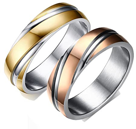 ANAZOZ 2 Stück Eheringe Paarpreis Edelstahl 6mm Twist Bicolor Poliert Ringe Partnerringe Bandringe Herren Ring Breit Gold Rosegold Fingerring Verkleinerer Frau:70 (22.3) & Mann:57 (18.1)
