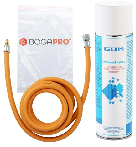 BOGAPRO Adapter Schlauch für Gasflaschen 200 cm, Camping Gasschlauch für Steckkupplungen mit 1/4 Linksgewinde inkl. Lecksuchspray und Polybeutel