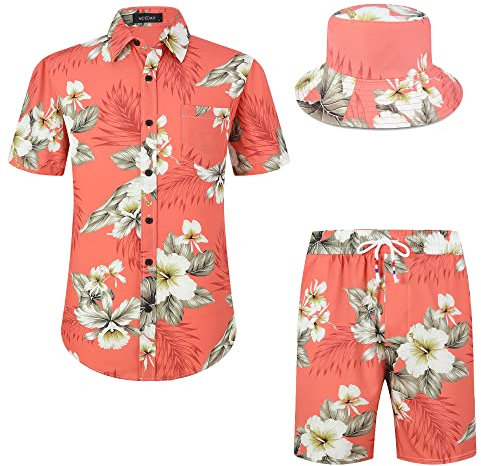 MCEDAR Chemise hawaïenne et short 2 pièces pour homme - Tenue de vacances décontractée boutonnée - Combinaison florale avec chapeau cloche, Fleur rose 12010, 3X-Large