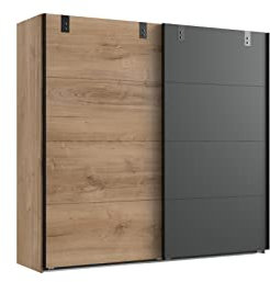 möbelando Kleiderschrank Malmö aus Spanplatte in Plankeneiche-Nachbildung mit Absetzungen in Graphit. Abmessungen (B/H/T) 225x210x65 cm