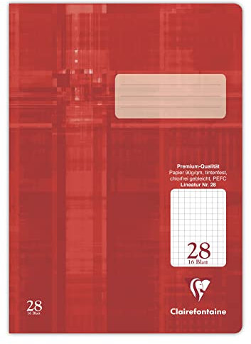 Clairefontaine 331028C - Packung mit 25 Heften, DIN A4, 16 Blatt, 90g, Lineatur 28 durchgehend kariert 5x5mm mit Rand, ideal für die Schule, Rot, 1 Pack