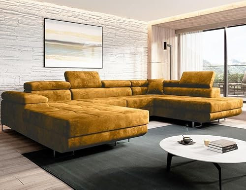 Moderno Ecksofa mit Schlaffunktion und Bettkasten VARBERG - Sofa mit Robusten Überzug - Schlafcouch U-Form - Modern Couch - 72x345x205 cm - Rechts Senf
