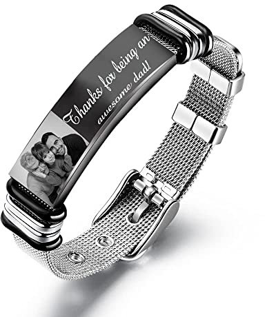 kaululu Herren Personalisiert Armbander mit Namen Foto Gravur Edelstahl Armband Geschenk für ihn Vatertag/Valentinstag/Geburtstag/Weihnachten (Schwarz-1)