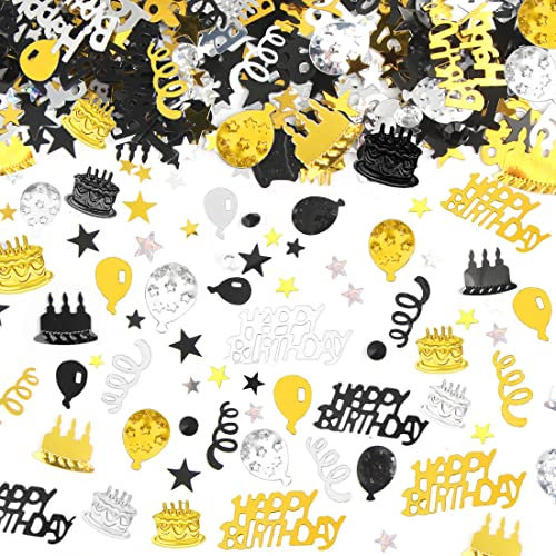 Konfetti Happy Birthday - Geburtstag Deko Gold Schwarz, Tischdeko Junge, Streudeko Schwarze Luftschlangen, Glitzer Mädchen Jungen