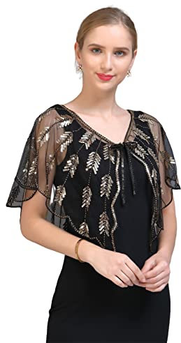 GIBZ Mesh Damen Schal Lace Up Cardigan Glitzer Abend Stola mit Pailletten Transparent Vertuschung, Gold