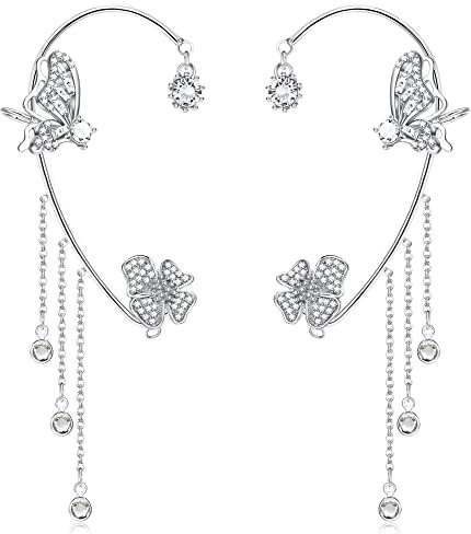 JeweBella 2 Stück Ear Cuff für Damen Mädchen Silber/Gold Ohrklemme Blume Schmetterling Ohrringe Ohrmanschette Ohrclips Damen Ohne Ohrlöcher Schmetterling Ohrstulpen Ohrringe für Frauen