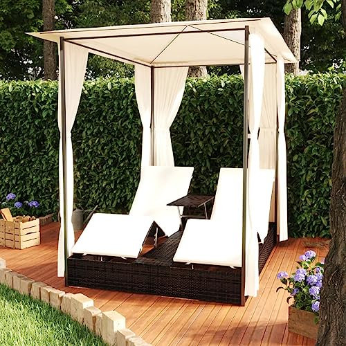 JUNZAI Doppel-Sonnenliege mit Vorhang, Gartenliege, Liegestuhl, Sonneninsel Outdoor, Sonnenstuhl, Gartenmöbel, Bäderliege, Relaxliege, Terrasse, Poly Rattan Braun