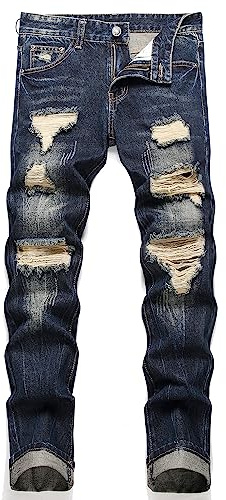 AITITIA Men's Ripped Regular Fit Jeans, 3002 Blue, 34