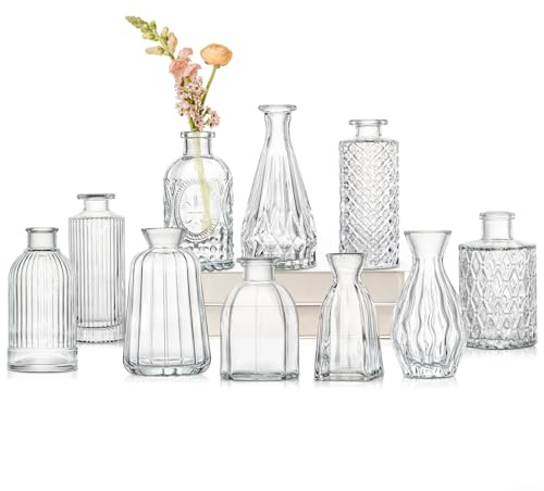 10er-Set Kleine Vasen Kleine Glasvase Vintage Deko Vasen Set | Tischdeko Mittelstücke, Hochzeitsdekorationen, Blumen Deko Wohnzimmer Bad Muttertagsgeschenk, Transparent