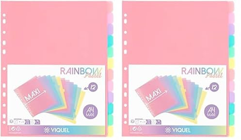 Viquel - 12 Stück Register Rainbow Pastell - Maxi Format (24,5 x 30,5 cm) - für A4 Maxi-Ordner oder Aktenordner - Pastellfarben (Packung mit 2)