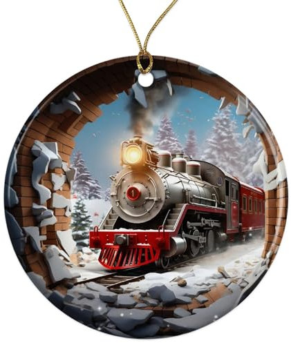 Weihnachtszug Weihnachten Ornament – 3D Durchbruch Wand – 2023 Weihnachtsdekoration – Xmas Ornament – 7,6 cm Runde Keramik – Lustige Ornamente – COM129