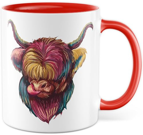 Kuh Tasse mit Motiv - Geschenk Schottisches Hochlandrind - Kaffeetasse 330ml aus Keramik - Highland cow Illustration bunt Zeichnung Rind Tiere Schottland Deko Kaffee-Becher (Weiß/Rot)