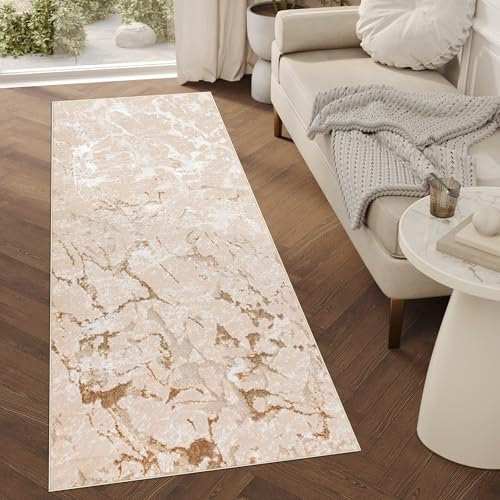 TAPISO Crystal Läufer Teppich Glänzend Beige Gold Creme Marmoreffekt Abstrakt Wohnzimmer Schlafzimmer Flur Korridor Modern Design ÖKO-TEX 80 x 400 cm
