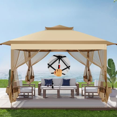 Hoteel Gazebo pieghevole 3 x 3 cm, 3 x 3 cm, impermeabile, stabile, resistente all'inverno, design a mozzo centrale, con zanzariera, doppio tetto, 3,3 m x 3,3 m, per terrazza, giardino, cortile