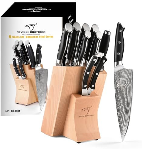 NANFANG BROTHERS Messerset, 9-teiliges Messerblock-Set mit Damaststahl, Küchenmesser-Set zum Schärfen für Kochmesser, Fleischschere, Tranchiergabel, ergonomischer Griff