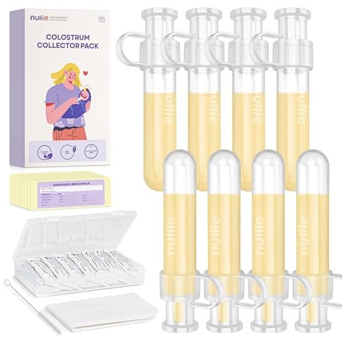 Nuliie Colostrum Collector Kit 7ml/8pcs, Leakproof, Reusable Breast Milk Collector, Heat & Freezer Resistant, BPA-Free, With Cotton Cloth Wipe, Storage Case, Cleaning Brush - Ready-to-Use for Newborns