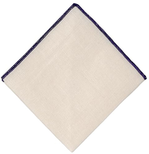 Hell Blues Herren Einstecktuch, Leinen, cremefarben mit farblich besticktem Rand, Anzugzubehör für Hochzeit, formelle Veranstaltung, 24 cm x 24 cm