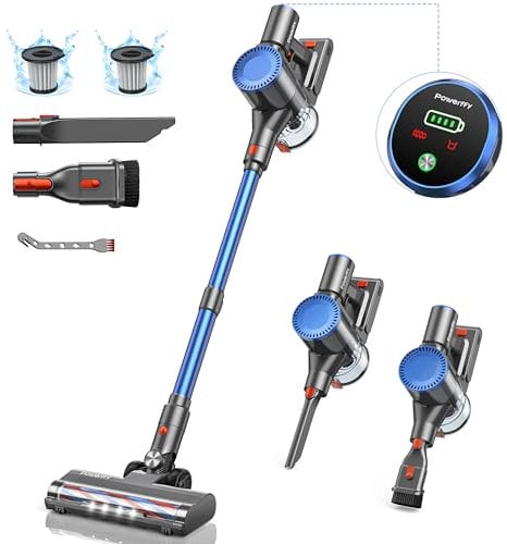 Powerffy 550W/45000Pa/60Min Akku Staubsauger, Staubsauger Kabellos mit LED Display und Ladestation, Selbststehender Akkusauger, Stabstaubsauger mit Anti-Tangle-Bürste für Teppich/Hartboden/Tierhaar