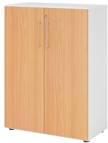 bümö Aktenschrank abschließbar, Büroschrank Holz 80cm breit in Weiß/Buche - abschließbarer Schrank mit Aktenregal für's Büro & Arbeitszimmer, Büro Möbel Ordnerschrank mit Schloss