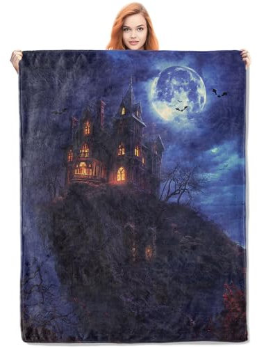 VANZEV Gotische Fleecedecke, Geschenk, gruseliges Schloss und Vollmond-Design, weicher Überwurf, 127 x 152,4 cm, ideal für Halloween-Nacht-Dekoration, Dunkelblau und Orange