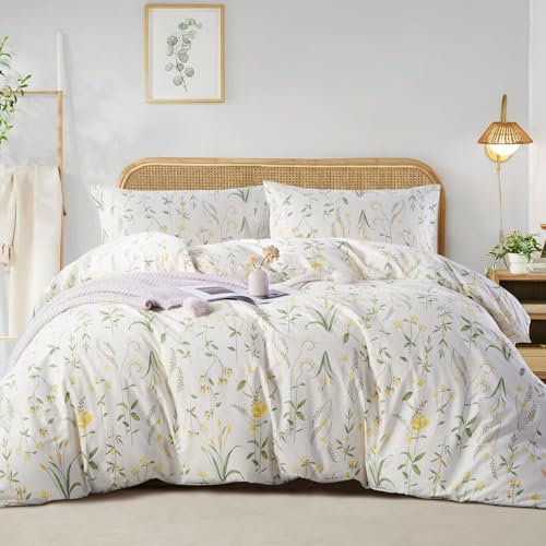 Freyamy Blumen Bettwäsche 135x200cm 4teilig Baumwolle Weiß Gelb Grün Floral Blätter Pflanzen Bettwäsche Mädchen Bettbezug 2 Bettdeckenbezüge mit Reißverschluss und 2 Kissenbezug 80x80cm