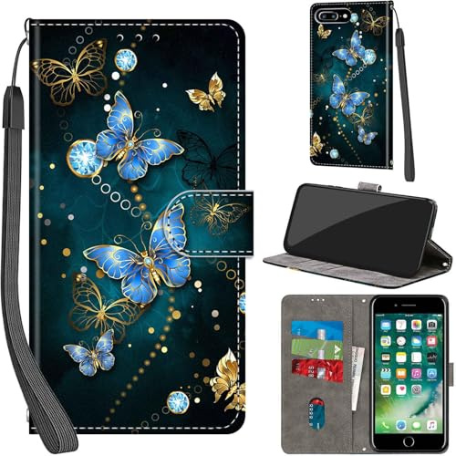 Wallet Flip Case for iPhone 7 Plus / iPhone 8 Plus Leather Green Butterfly | 3 Card Slots & 1 Cash Pocket, Magnetic Closure, Kickstand, Premium PU Leather flip cover for iPhone 7 / 8 Plus