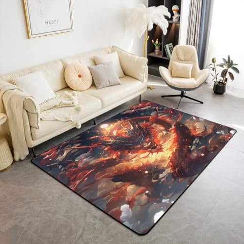 Homewish Gotischer Drachenbereich Teppich 150Bx200L,Wilde Tiere Fantasy Drachen Teppich,Heller Feuer Himmel Waschbare Innenbodenmatte für Sofa Couch Bett,Rot Goldener Schwarzer Dekorativer Teppich