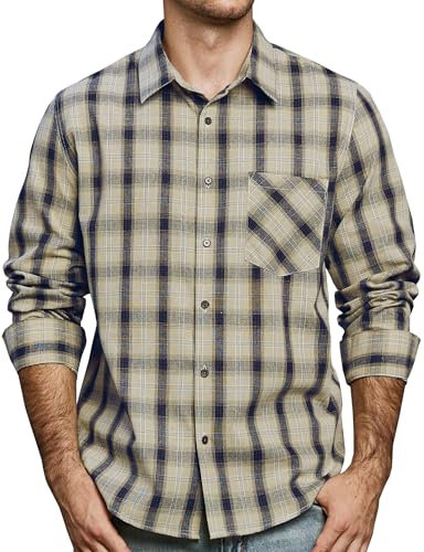 JOGAL Chemise à carreaux pour homme - Manches longues - Coupe droite - En coton - Avec poche, beige, XL