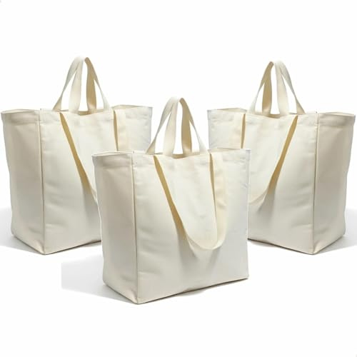 Greentique Große Canvas Jutebeutel mit Griff und Schultergurt, verstärktem Stoff Stofftasche mit Innentaschen Stoffbeutel Jutetasche Baumwolltasche Einkaufstasche Praktische Tragetasche Canvas Tasche