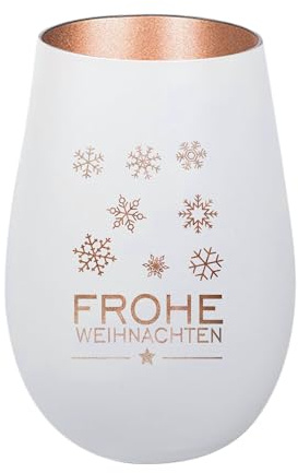 Der-Porzellan-Laden Windlicht mit Gravur Frohe Weihnachten Schneeflocken | Weiß Bronze, Teelichthalter Weihnachten aus Glas, Weihnachtsdeko Tischdeko