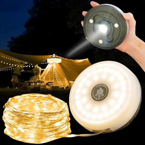YATOSEEN Camping Lichterkette Aufrollbar, 10M Outdoor Lichterkette Wasserdicht, 2000mAh Tragbare LED Lichterkette USB Aufladung für Camping, Partys, Wandern Outdoor Außen（Warmes）