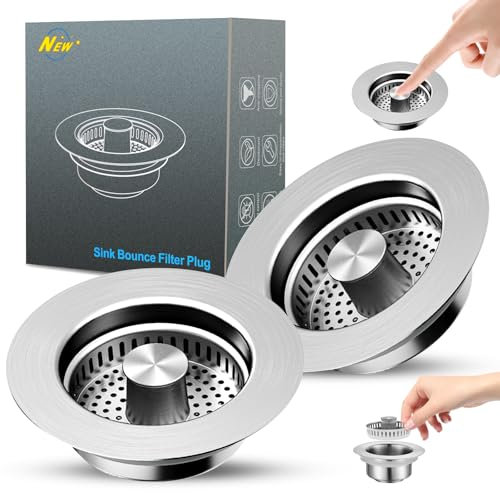 3 in 1 Kitchen Sink Drain Strainer and Stopper Combo, 2 Pack 304 Stainless Steel Pop-up Sink Stopper, Anti-Clog Kitchen Sink Bounce Core Strainer Basket Filter for US Standard 3-1/2'' in Drain