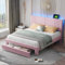 Arhatreya Lit capitonné, 160 x 200 cm, lit double avec barre lumineuse et prise USB, lit de rangement avec dossier et grand tiroir, lit pour adultes et adolescents (sans matelas), en velours, rose