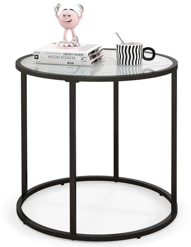 GYMAX Beistelltisch rund, moderner Glastisch, Couchtisch mit Marmorähnliches Muster, Oberfläche aus Hartglas & verstellbare Fußpolster, kompakter Kaffeetisch, Nachttisch für Wohnzimmer & Schlafzimmer