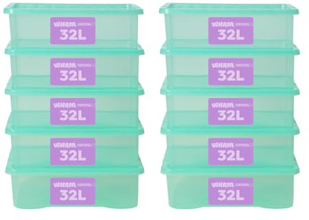 Wham Plastic Storage Boxes With Lids Home Office Stackable Nestable Container Box, 32L Easy fit Underbed Protective Storage Box, 60 x 40 x 18 cm - Tint Spearmint (Set of 10)