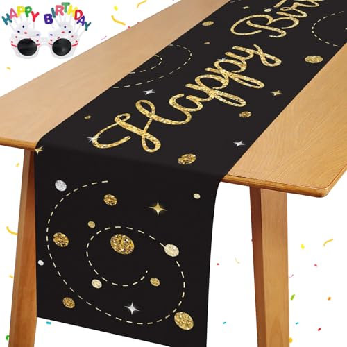 Tischläufer Geburtstag Schwarz Gold Happy Birthday Tischdecke Wiederverwendbar Happy Birthday Tischläufer Tischdeko Geburtstag für Kinder Mädchen Jungen Geburtstags Party Deko