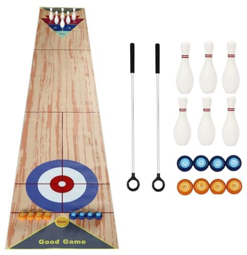 3 in 1 Shuffleboard Bowling, Shuffle Board, Shuffleboard Tischset 360x57cm, Tragbares Shuffleboard Tischkegelspiel Curling Spiel mit 6 Bowling, 8 Scheiben und 2 Puttern für Kinder Familie Party