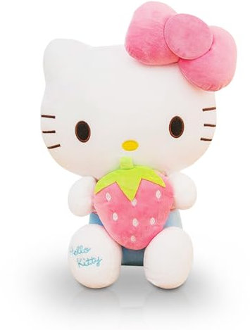 Gsnoniwi Plüschtier Katze, Kinder Kuscheltier Katze Erdbeeren 30 cm, Stofftier Plüsch, Plush Weiß Puppe Cartoon Geschenk für Kinder