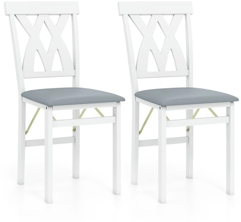 COSTWAY Juego de 2 Sillas de Comedor Plegables, Sillas de Cocina de Madera sin Brazos Tapizadas en Piel Sintética con Estructura de Madera de Caucho, Asiento Acolchado, Respaldo Curvado (Blanco)