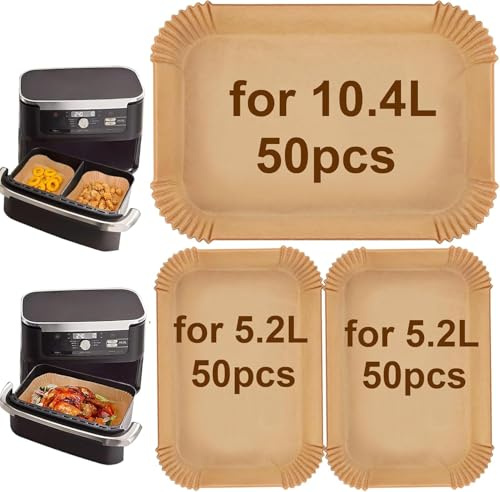 BURRSJ Set di carta da forno 2 in 1 per friggitrice ad aria, 150 pezzi (50 x per 10,4 l + 100 x per 5,2 l), adatto per Ninja FlexDrawer AF500EUCP, Cosori XXL 10 l, Cecotec 9000 – Resistente al calore